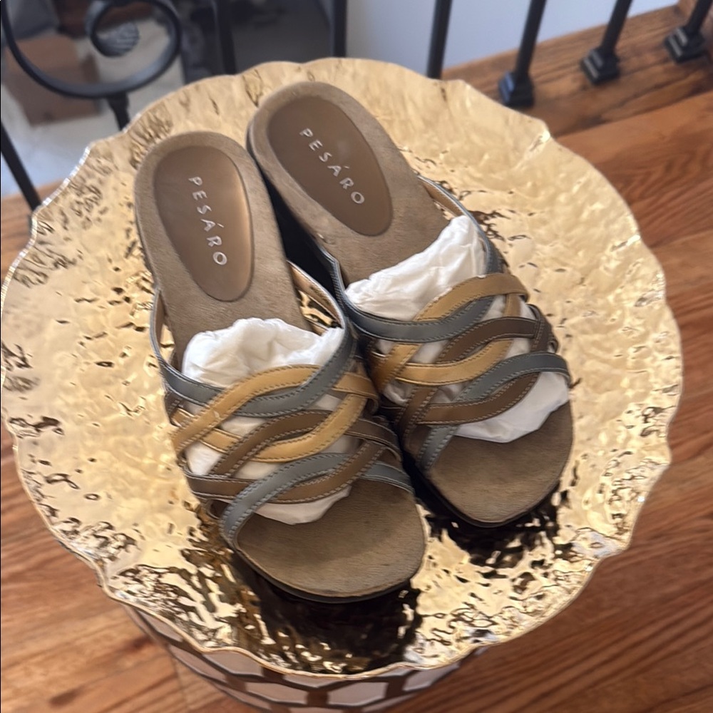 Pesaro Gold and Gray Sandals with Braided Straps